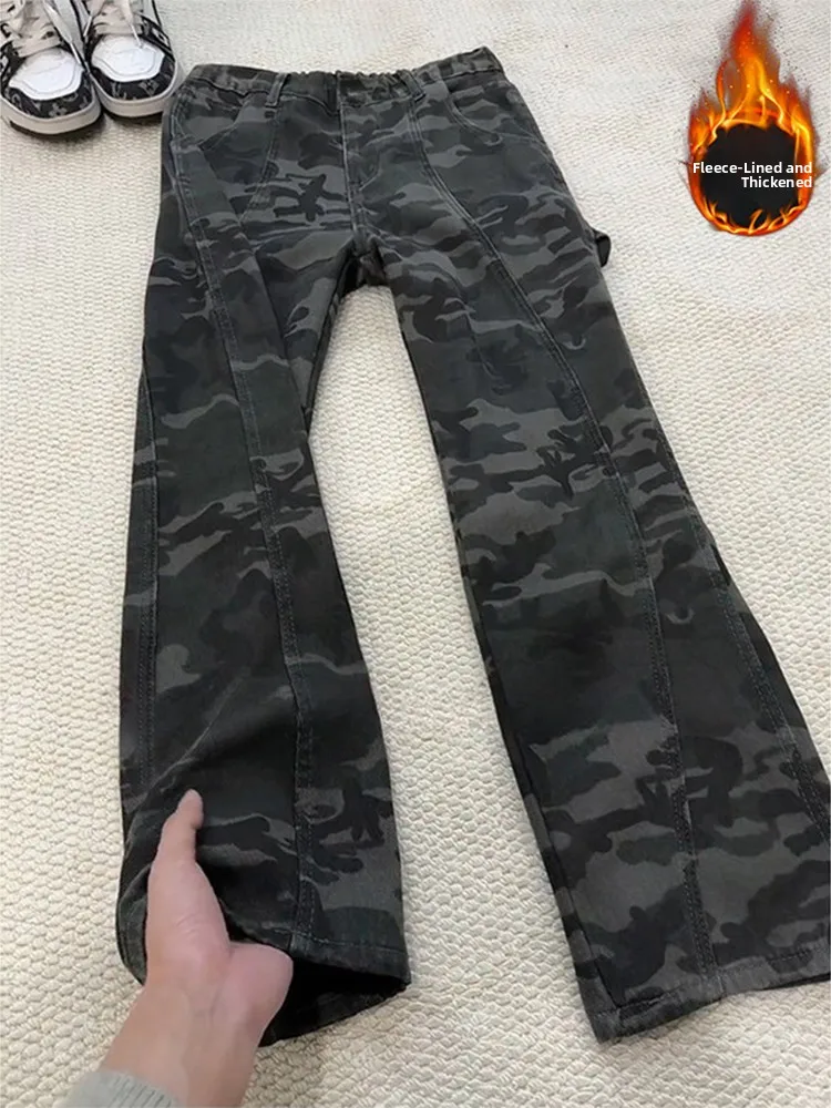 

American Camouflage Logging Work Pants Men's Winter Fleece High Street Flared Thickened Jeans Low Waist Zipper Closure