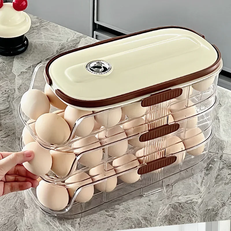 Portable 3-Layer Plastic Egg Holder Self-Rolling Egg Container Organizer Transparent Unbreakable Plastic Eggs Holder