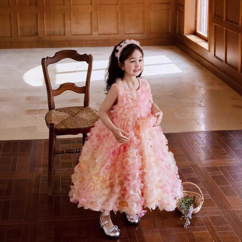 

2025New Girl's Rainbow Fairy Tulle Tutu Dress Butterfly Petal Birthday Dress Skirt Pink Gradient Color