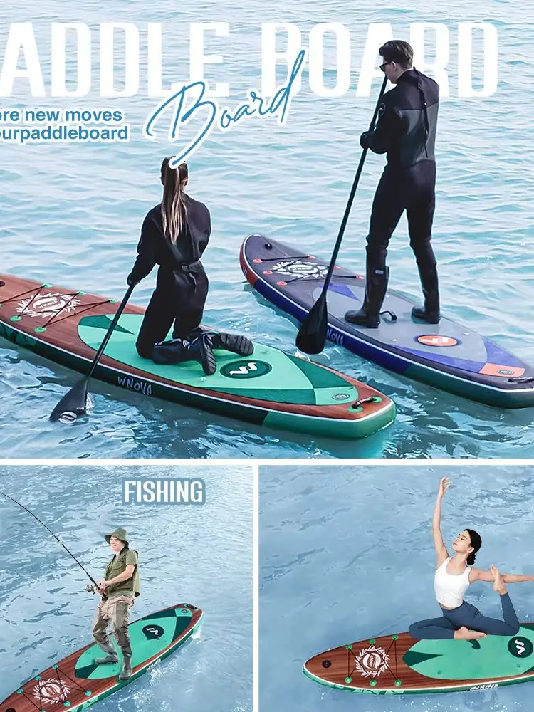 WNOVA Holzmaserung-Design aufblasbares Stand-Up-Paddleboard 350x86x15cm, 200KG maximale Belastung, extra breites Premium-SUP-Surfbrett mit 3-teiligem verstellbarem Paddel, Pumpe, 3 Finnen, Leash,