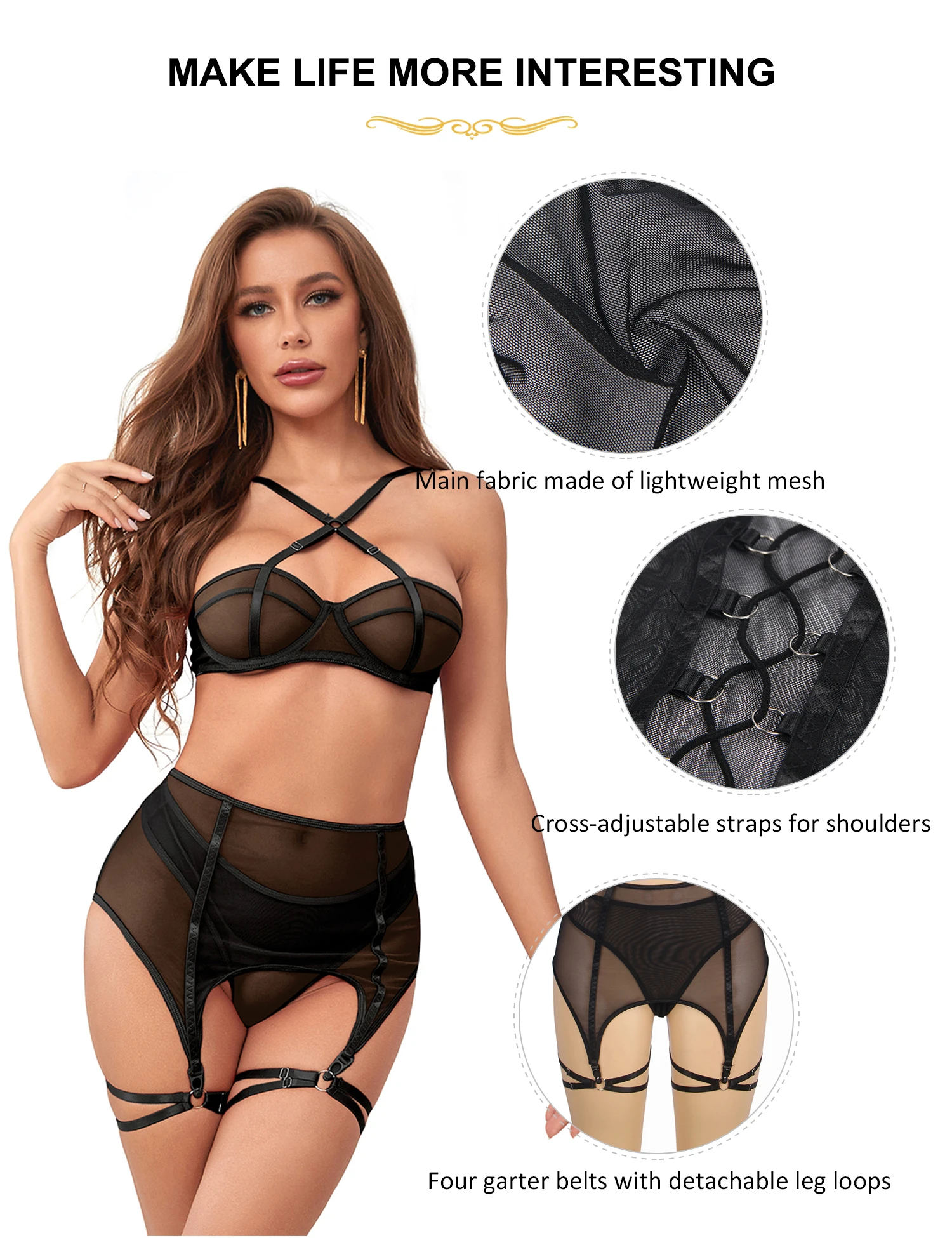 Ohyeahlady Women\'s Bra and Panties Sets Solid Black Sheer Mesh Transparent Strappy Garter Lingerie Plus Size Sexy Underwear Sets