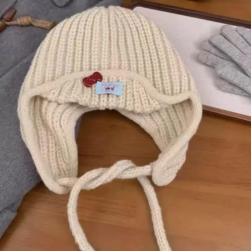 Knitted Ear Flap Hat Cute Cherry Pattern Warm Thick Cold Resistant Winter Headwear for Girls Outdoor Walking