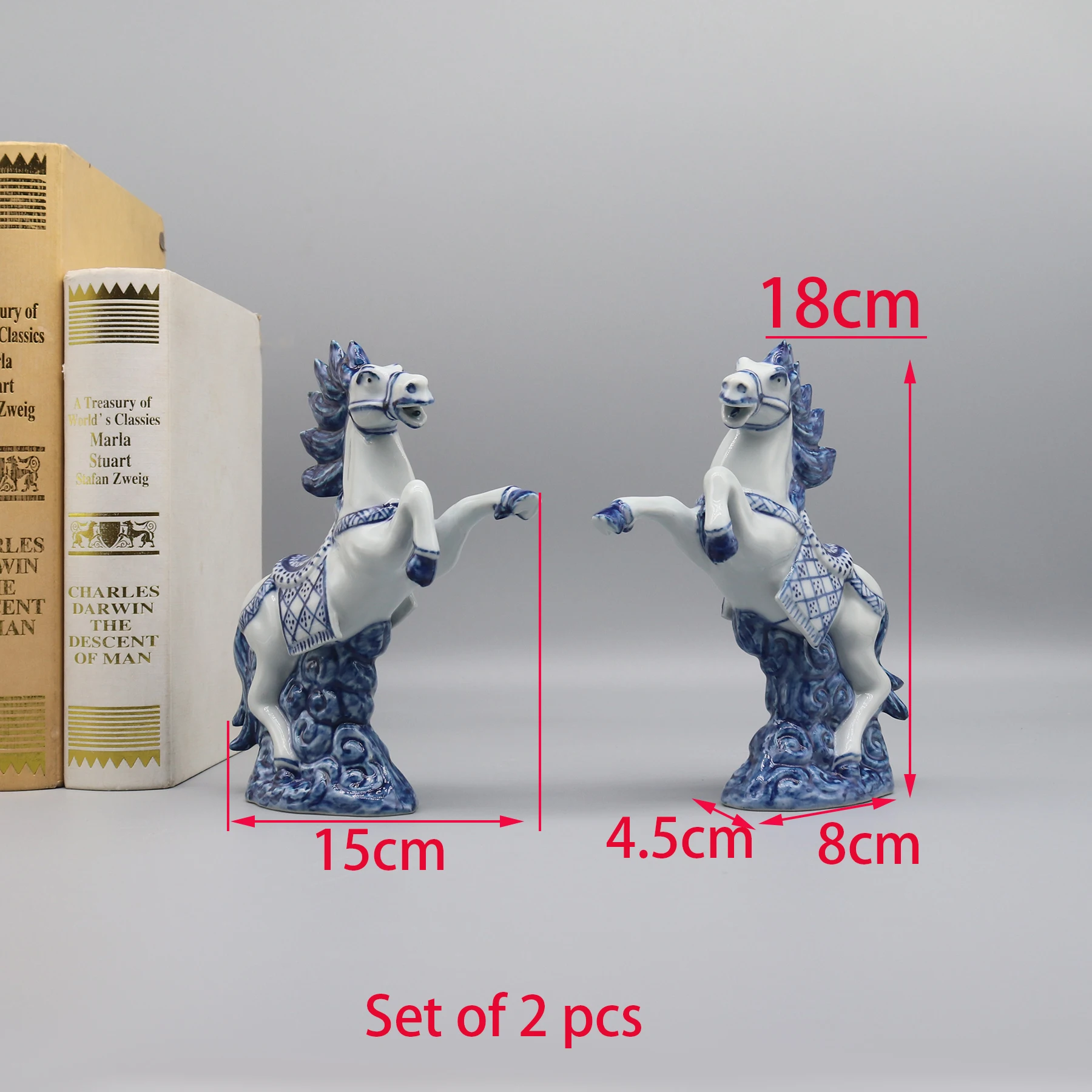 Set of 2 Porcelain Horse Statuettes, Blue and White Figurines, Home Decoration