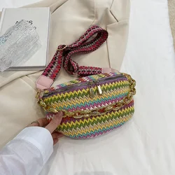 Aesthetic Straw Braid Striped Fanny Packs For Women Luxury Chain Waist Bag Female Woven Design Waist Pack Ladies Chest Bag 2023