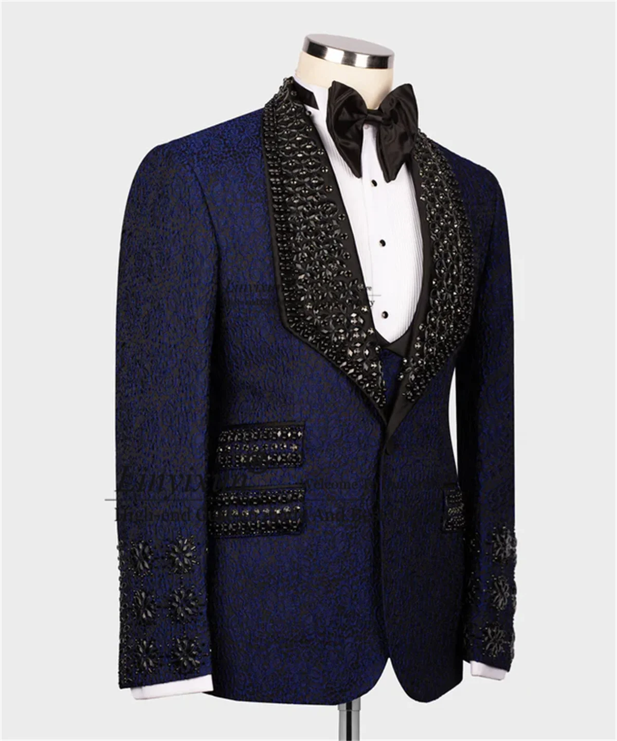 Luxury Crystals Beaded Men Suits Jacquard Wedding Groom Tuxedos 3 Pieces Sets Male Prom Blazers Customized Slim Costume Homme