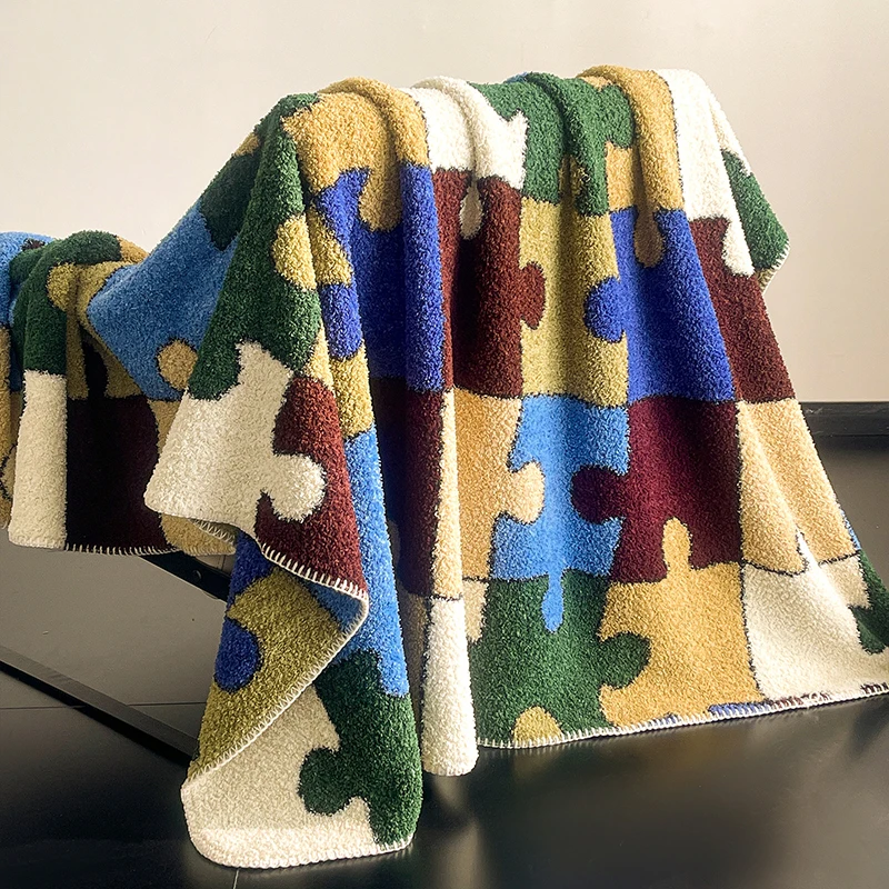 Dopamine Color Block Velvet Blanket Nordic Half-Side Fleece Leisure Shawl Blankets Fluffy Skin-Friendly Cozy Sofa Decoration