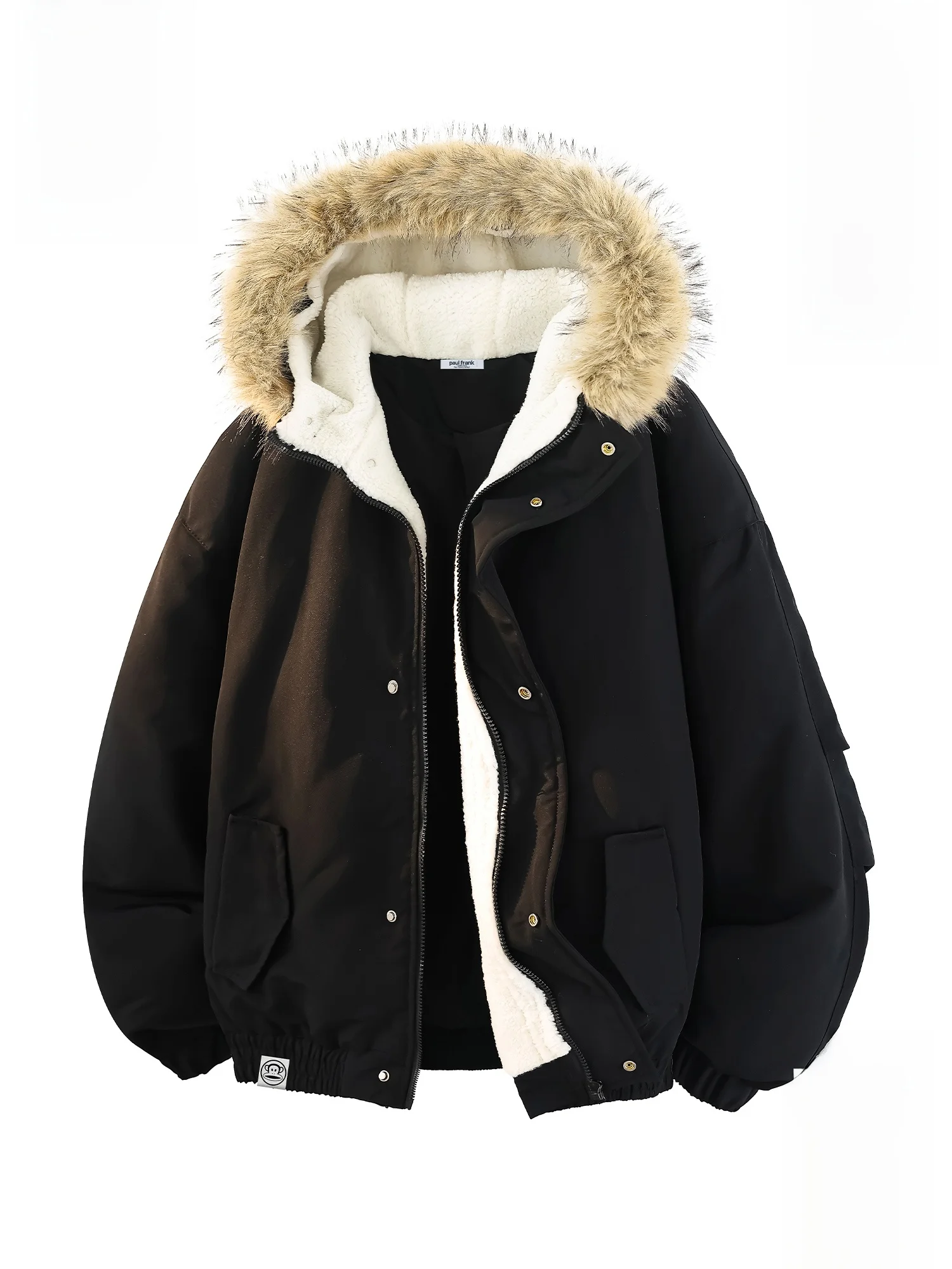 

Зимняя мужская куртка Paul Frank с капюшоном на флисовой подкладке, теплая, из полиэстера, с длинными рукавами, на молнии, с анималистическим принтом, рабочая одежда