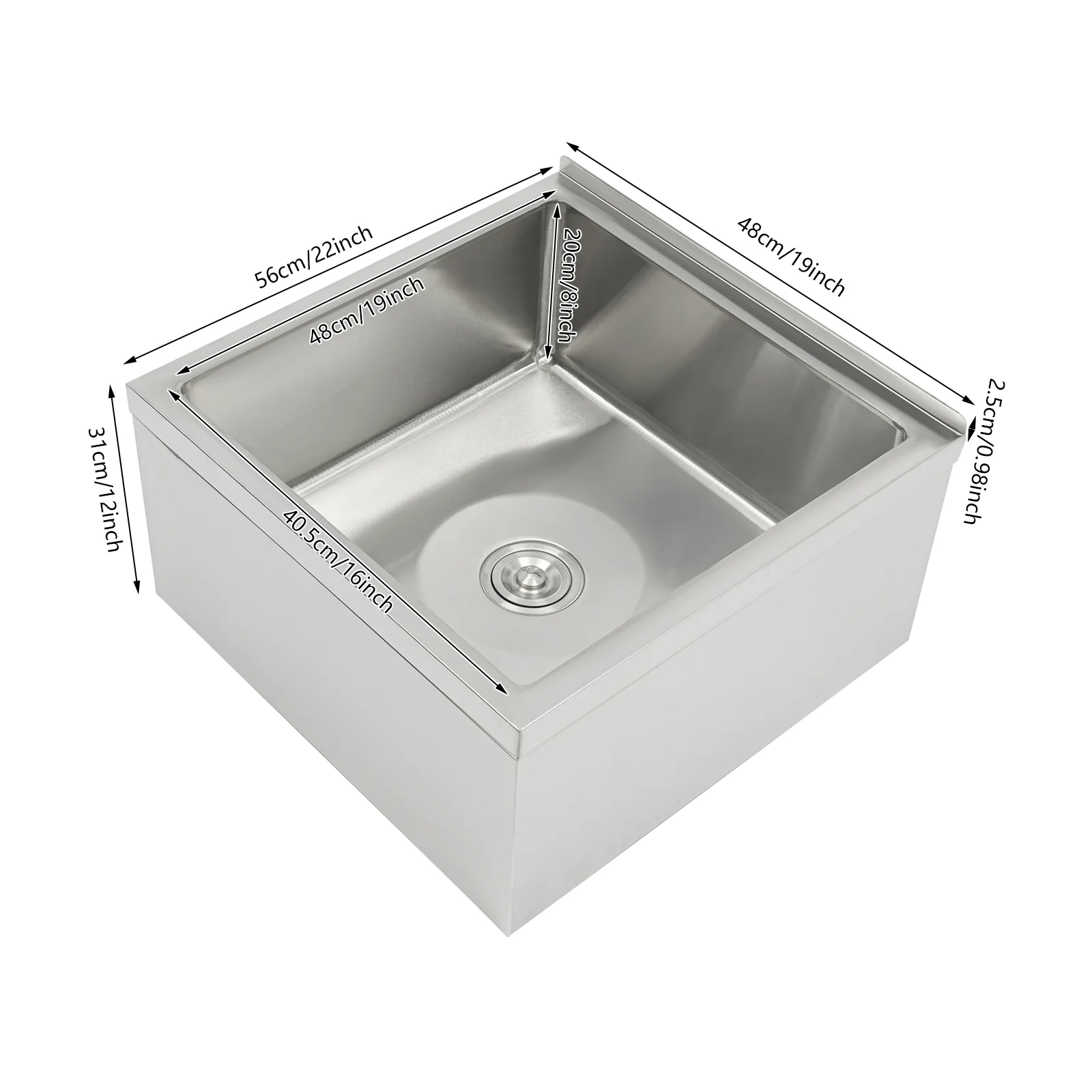 304 Stainless Steel Free Standing Utility Sink, 22×19×12in Single Bowl Commercial Kitchen Sink with Splash Baffle, Floor Mount Sink for Restaurant Hotel Bar Home Laundry