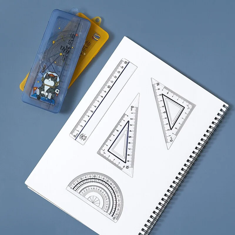 4pcs Cartoon Ruler Set Plastic Geometry Maths Drawing Compass Stationery Rulers Mathematical For School Boy Girl Stationery Gift