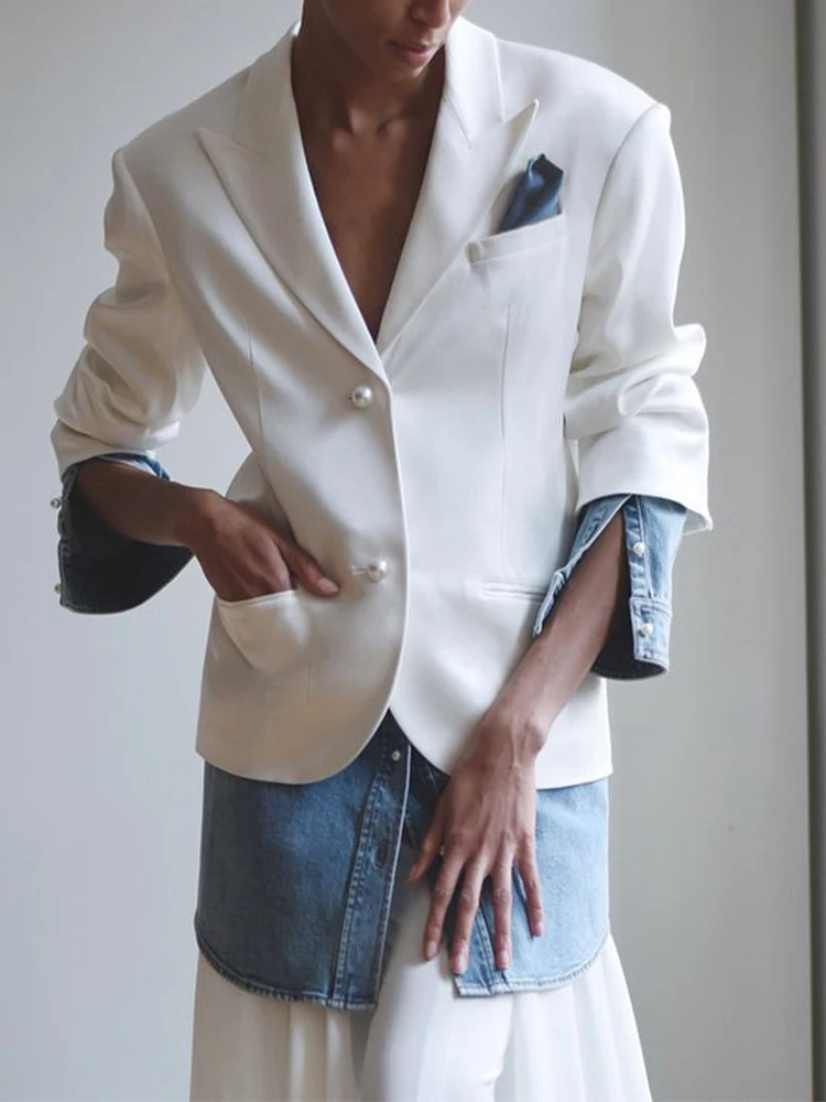 

Colorblock Patchwork Denim Blazers For Women Notched Collar Long Sleeve Spliced Button Chic Blazer Female Fashion