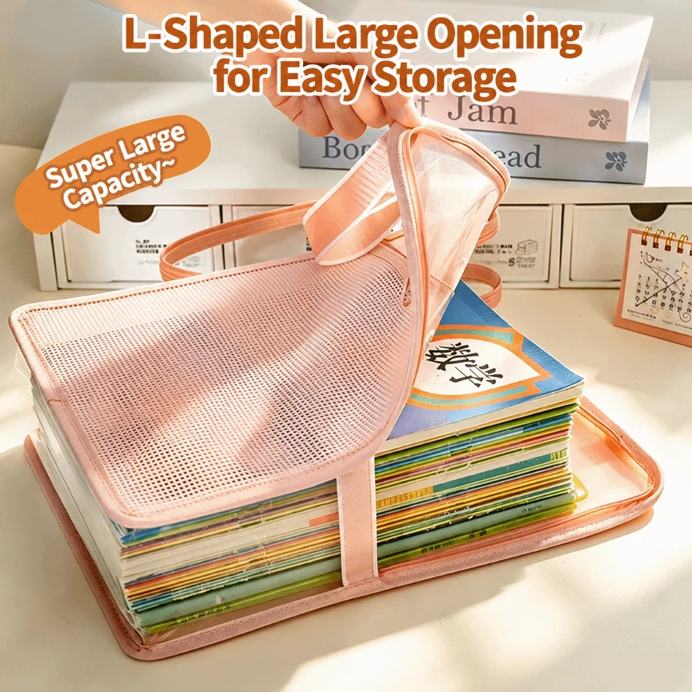 Clear Tote File Bag Mesh L-Shape Large Opening Document Organizer Waterproof Large Capacity A4 Book Handbag Gift