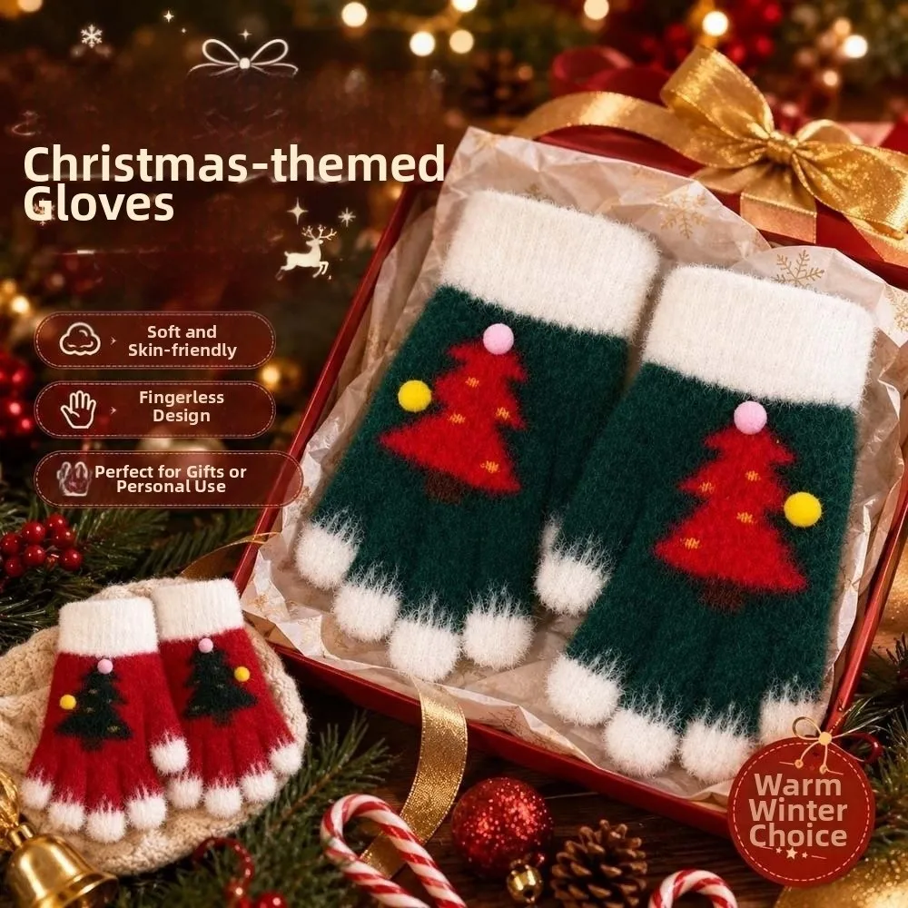 Red Green Christmas Gloves Knitted Woolen Elastic Wrist Winter Knit Mittens Plush Cuff Thick Lining Touchscreen Full Finger