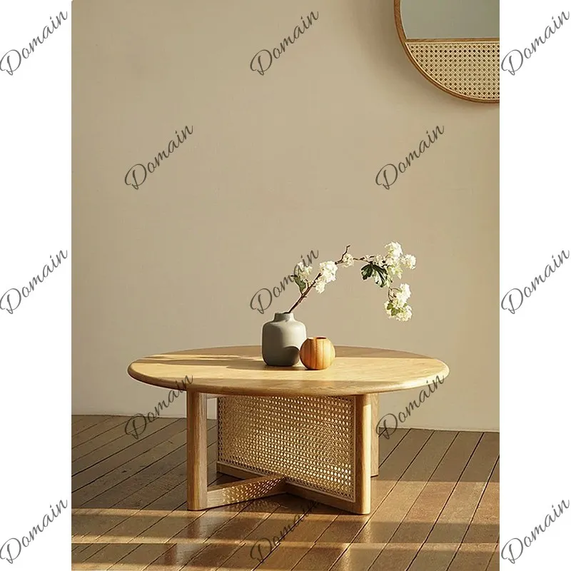 Natural Solid Wood Round Rattan Tea Table For Small Space, Wabi-Sabi Japanese Style Balcony