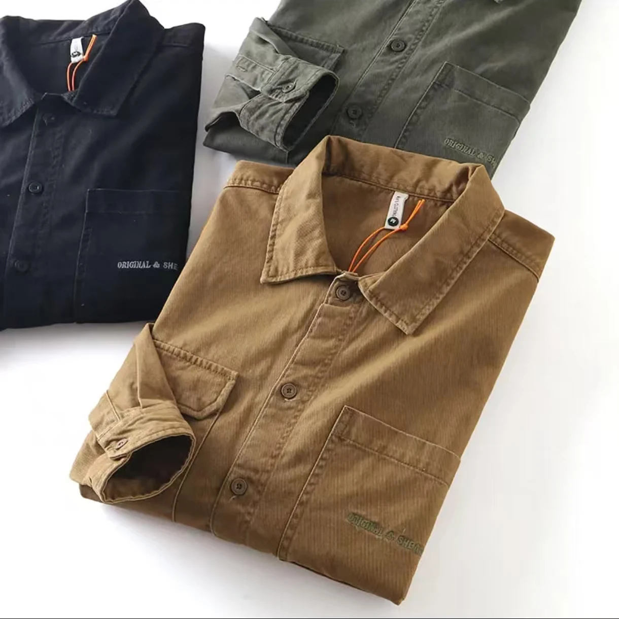 Camisa americana vintage pesada 100% algodão – jaqueta unissex de manga comprida com ajuste relaxado e estilo utilitário retrô