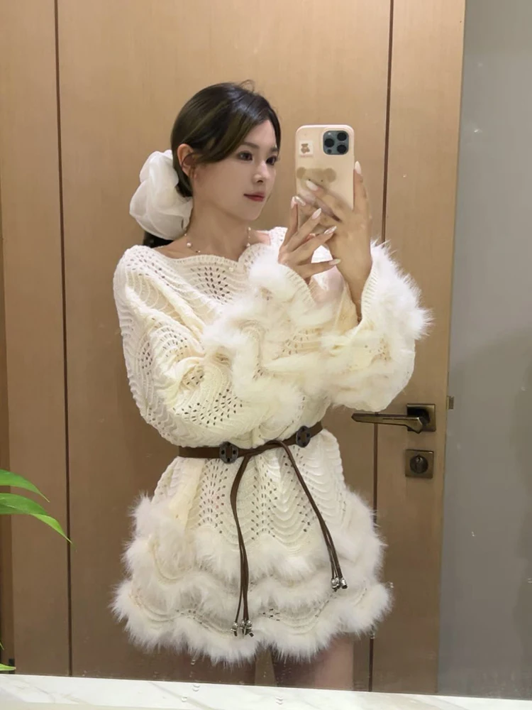 

Выдалбливают вязаный свитер женский шикарный волосатый лоскутный пояс свободные повседневные пуловеры модные эстетические джемперы с длинным рукавом и круглым вырезом