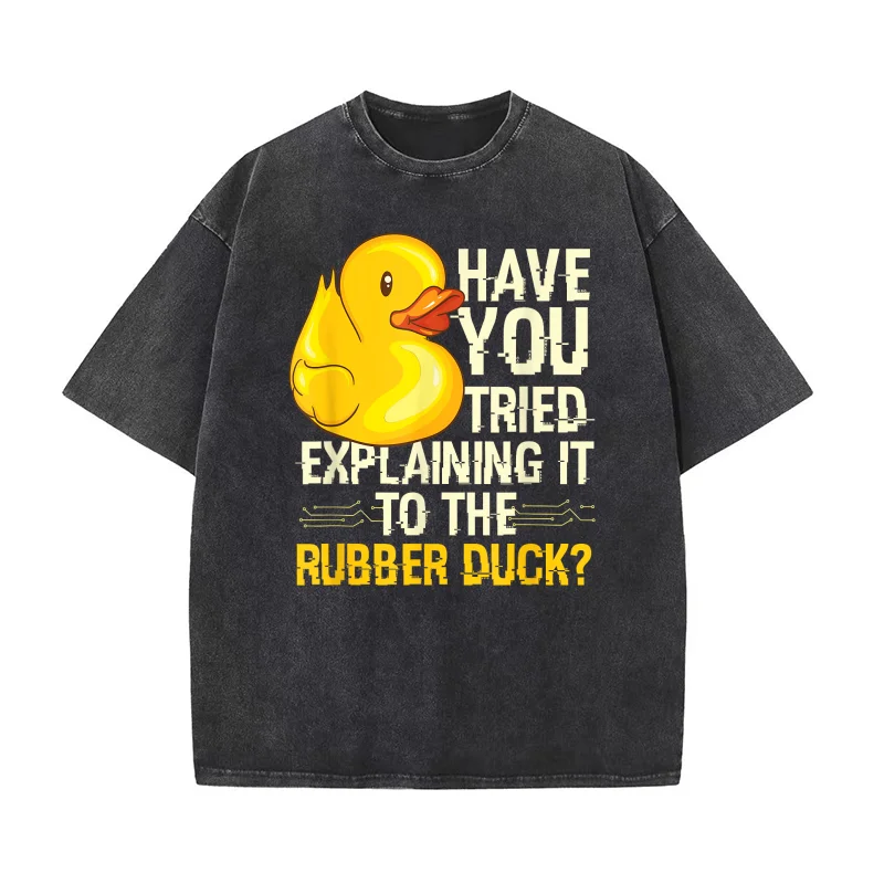 

Programmer Designs Funny Rubber Duck Debugging T-Shirt Men's Unisex Adults Black Cotton Short Sleeve Classic Fit T-Shirt Small