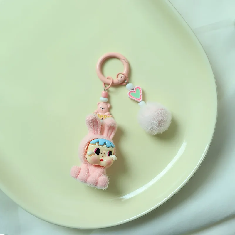 Berretto di coniglio floccato CryBaby Portachiavi 3D Ciondolo Carino Una notte Ricco Accessori per borse in acrilico Ornamento da appendere per bambole