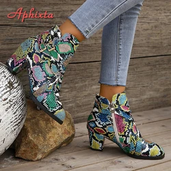 Aphixta Women Ankle Boots Belt Buckle Short Boots Snake Green Prints Female Shoes Zip Boots Leater Square Heel Botas