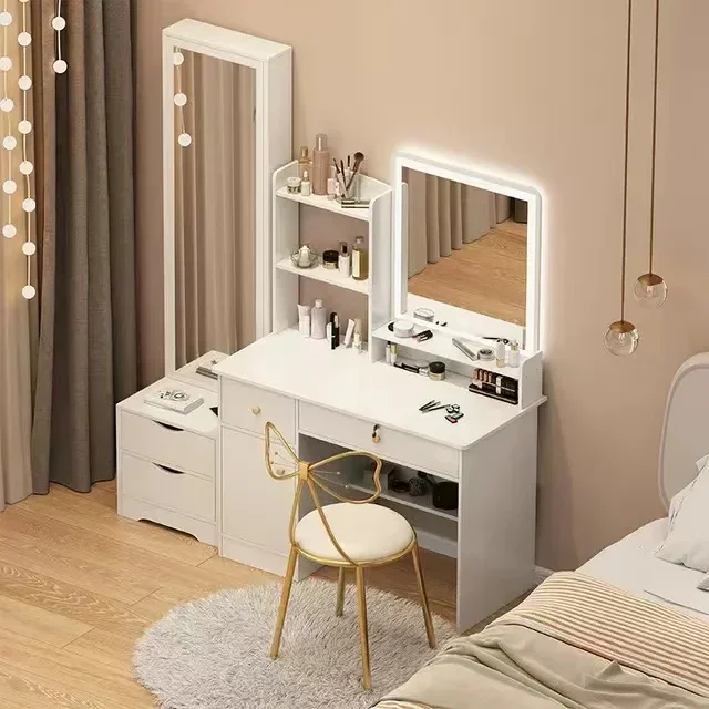 l # Simple Design White Wooden Dressing Table with LED Light Mirror Coiffeuse Avec miroir