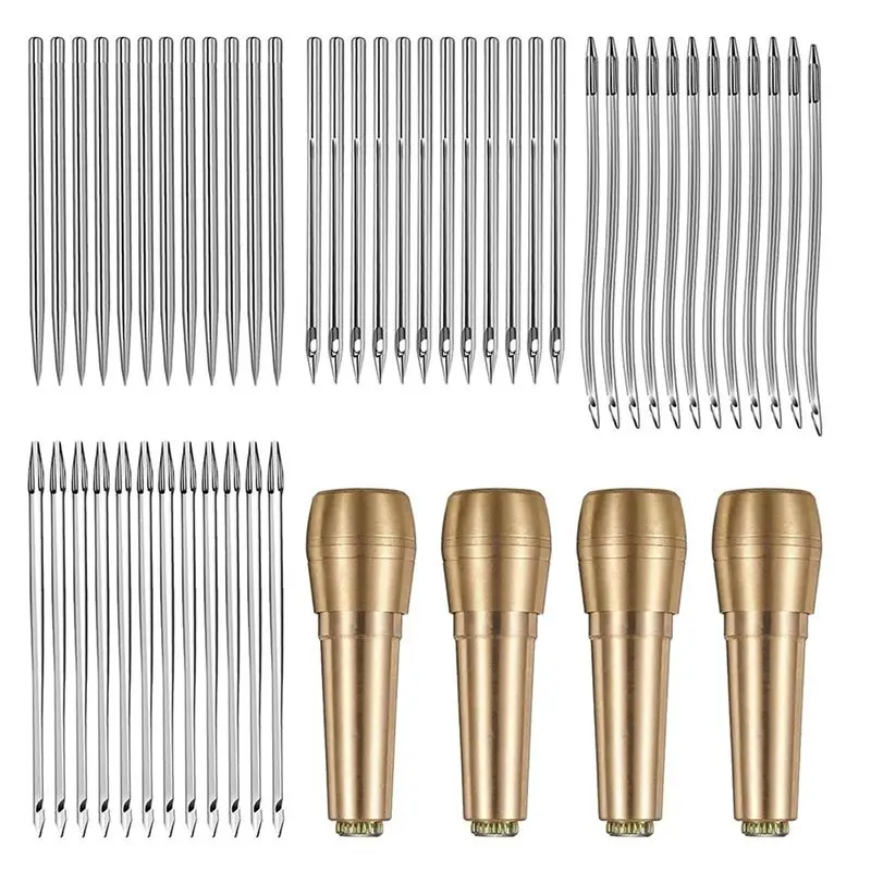 Fine Workmanship Sewing Awl Needles, 52Pcs Leather Sewing Kit 36Pcs Straight Needle + 12Pcs Curved Crochet Needle + 4Pcs Copper