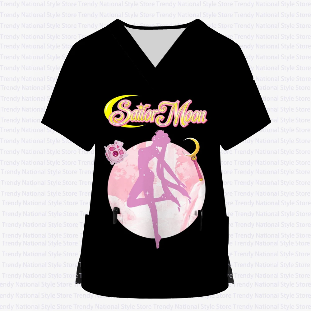 

Summer Cartoon Sailor Moon Women's Nurse Uniform Printed V-Neck Pocket Scrub Top Hospital Work Uniform Children's Clothing