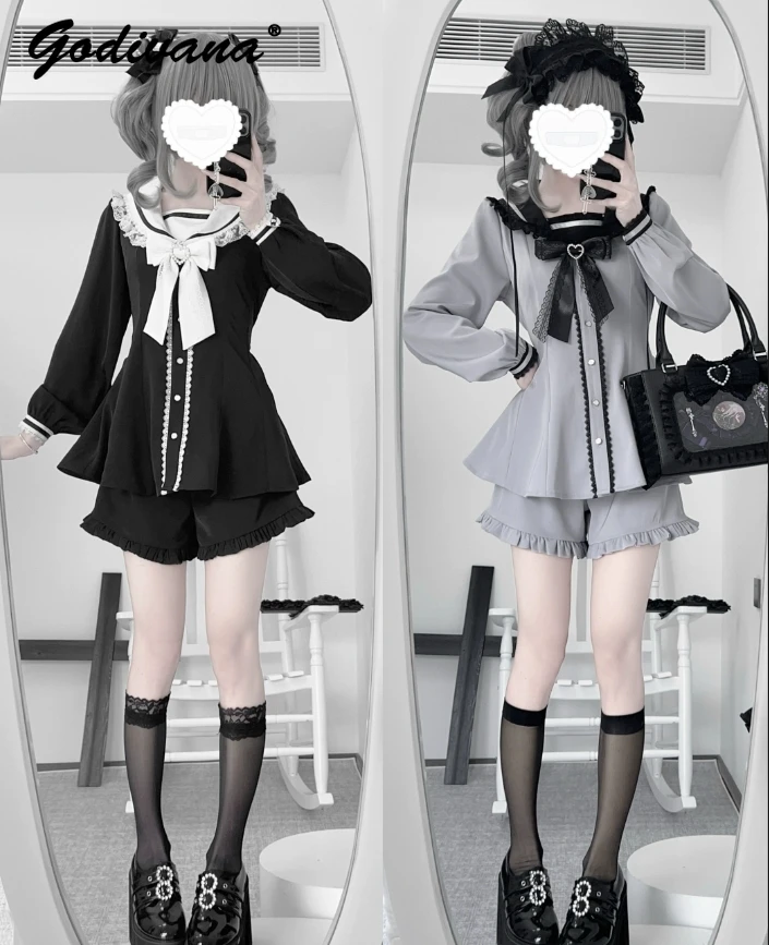2025 신상 봄 일본 마이네 시리즈 세일러 칼라 귀여운 리본 슬림 긴팔 드레스 + 숏 투피스 여성 로리타 의상