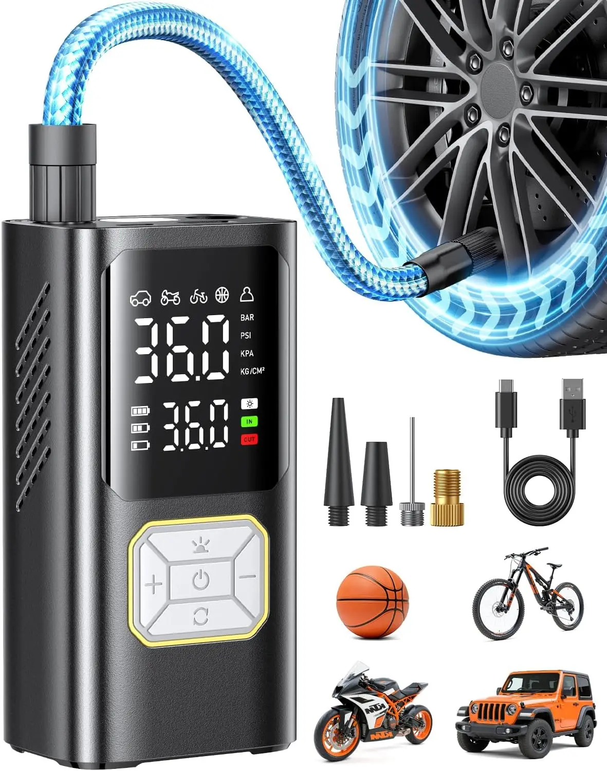 

Portable Tire Inflator 12V Air Compressor with Pressure Gauge, Cordless Car Motorcycle Bike Pump Auto Shut-off