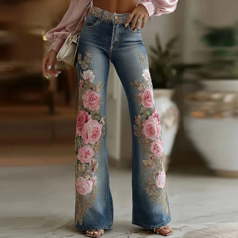 レトロピンクローズフラワープリント女性のパンツ春のファッションハイウエストスリムイミテーションジーンズ秋ポケットストリートストレートパンツ