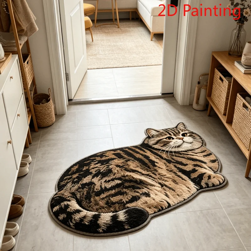 VIKAMA Simulation Lying Tiger Spotted Cat Shaped Plush Floor Mat, Foyer Bathroom Living Room Cute Cartoon Home Floor Mat