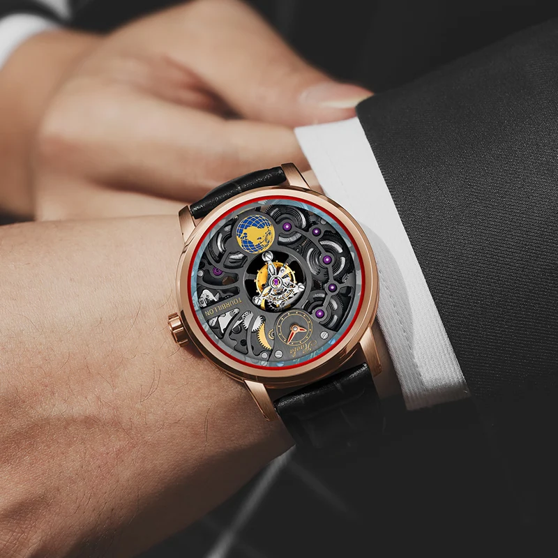 Haofa Modules-Montre pour Homme, Tourbillon, Rotation Earth 316, Acier Inoxydable, Cuir d'Alligator, Quatre Ressorts, 120 Heures de Puissance, 1938