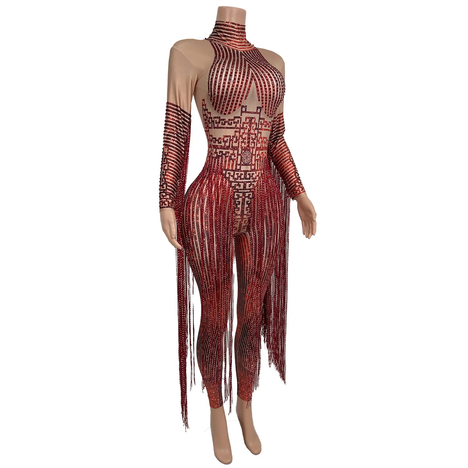 Sparkly Red Rhinestone Long Tassel Tight Fitting Jumpsuit Spandex Elastic Drag Queen Performer Wear gig Dance Outfit Hongloumeng