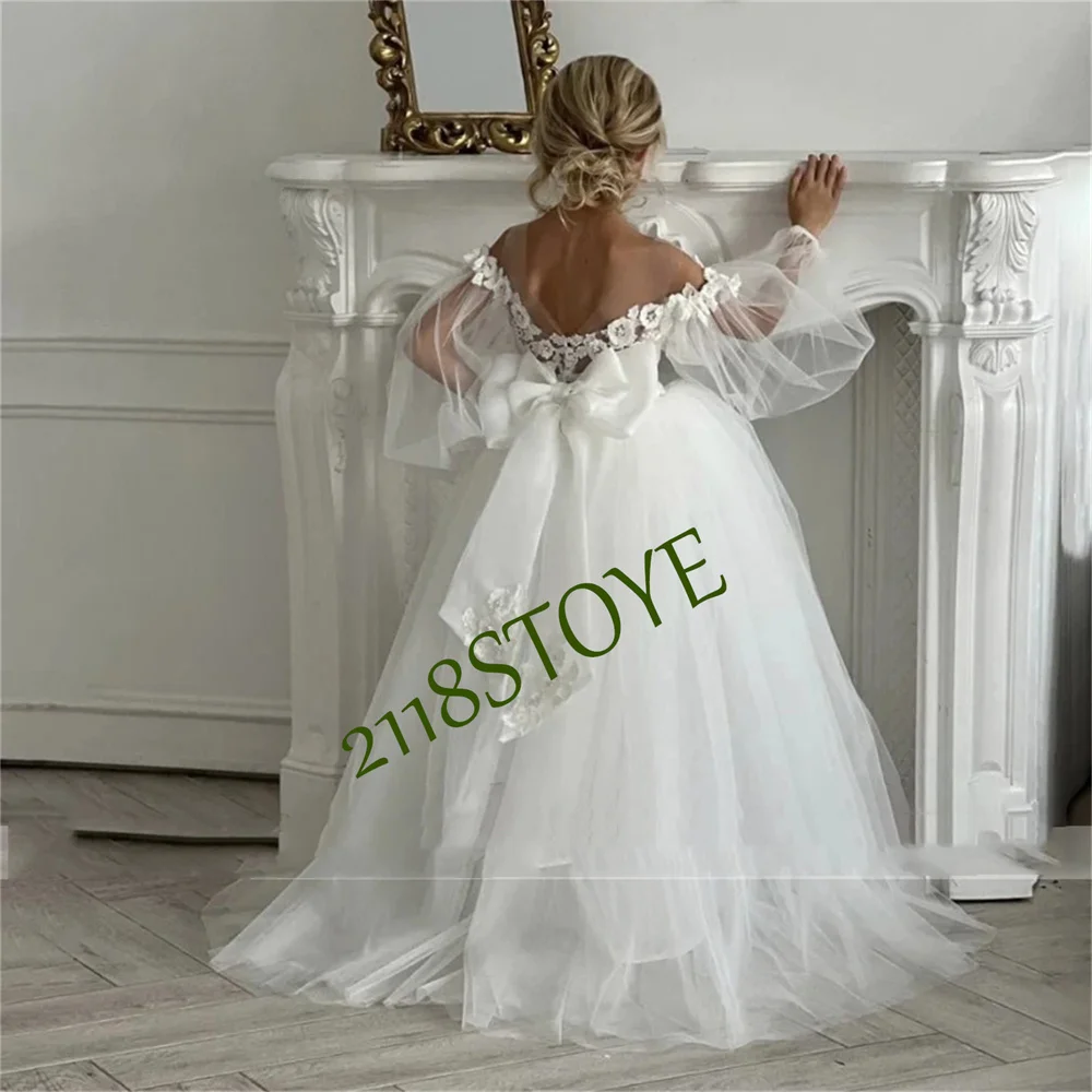 Lovely White Lace Appliques Puffy Sleeves Flower Girl Dresses For Wedding 2023 Princess Tulle Ball Gown First Communion Gowns