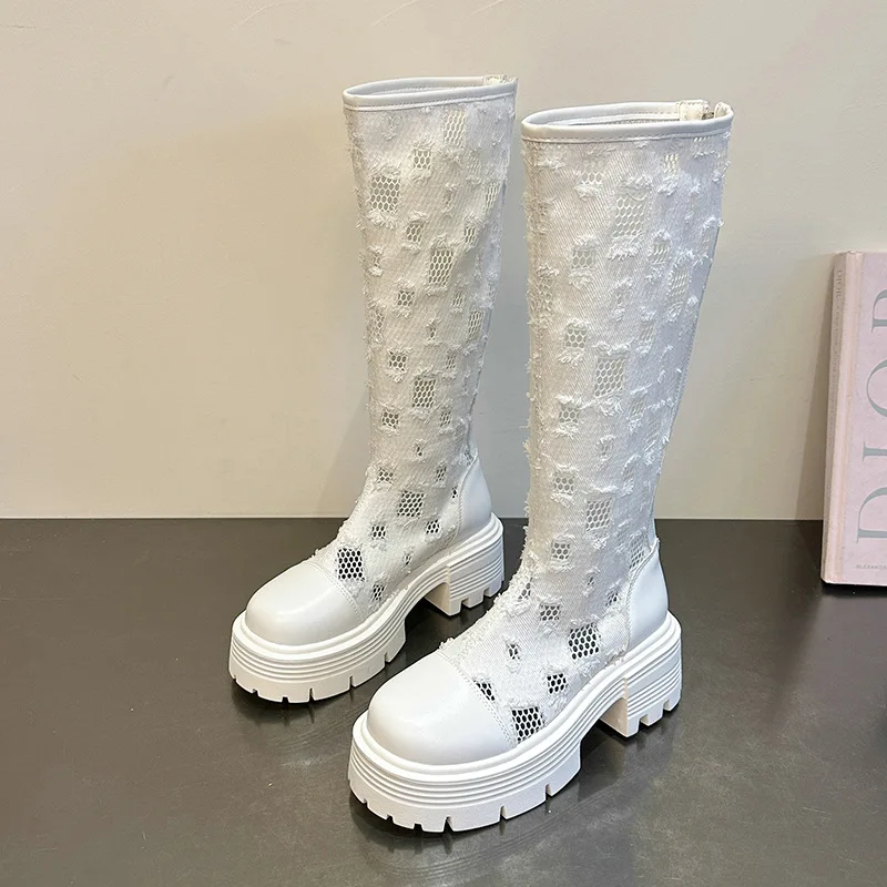 

2025 Summer New Mesh Breathable Over Knee Thick Heels Long Boots for Women