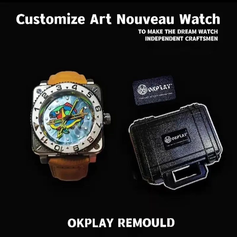 OKPLAY Men Automatic Watch 44mm Customized Modified Square Mechanical Wristwatch 20ATM Waterproof Luminous Sapphire Mirror NH35