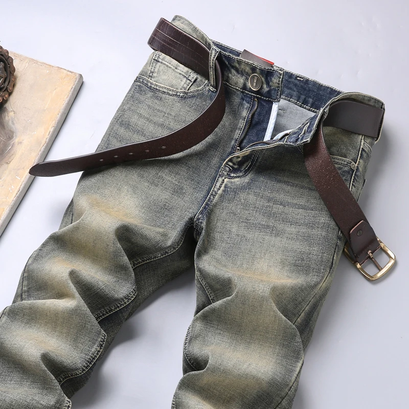 Calças jeans masculinas soltas e esticáveis, amarelo bronze, cor de lama, lavadas nostálgicas clássicas, calças de escritório, novo, 2024