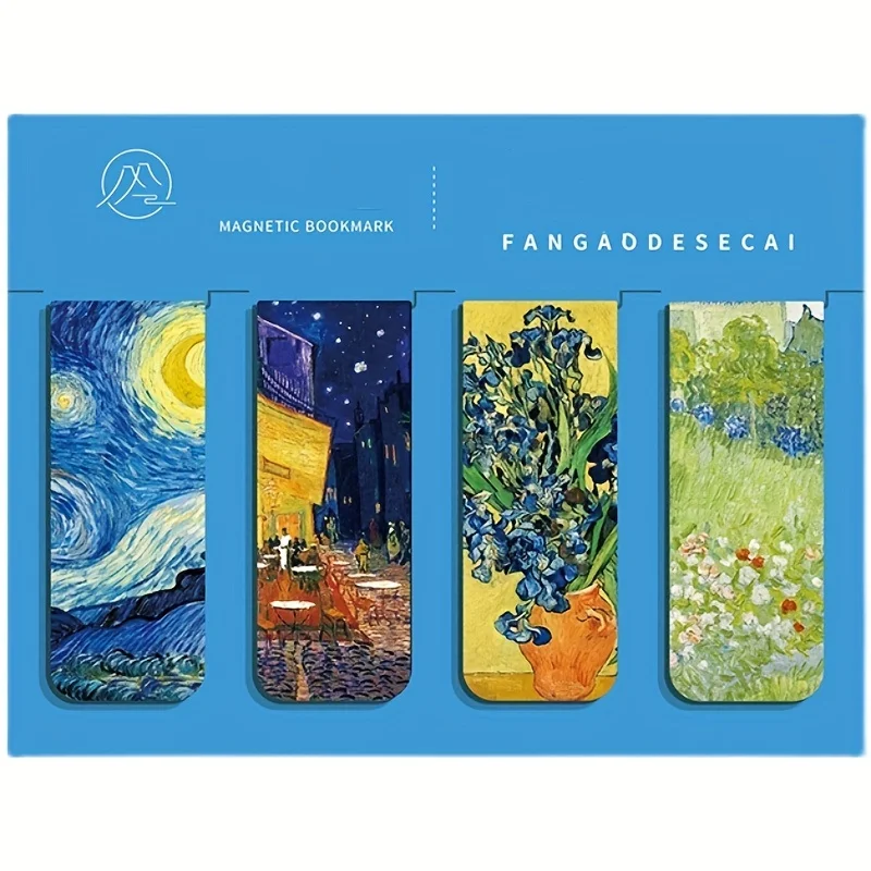 MOHAMM 4pcs/Pad Magnetic Bookmark Set  Creative World Famous Paintings Monet Van Gogh Vintage Style Art Book Holder