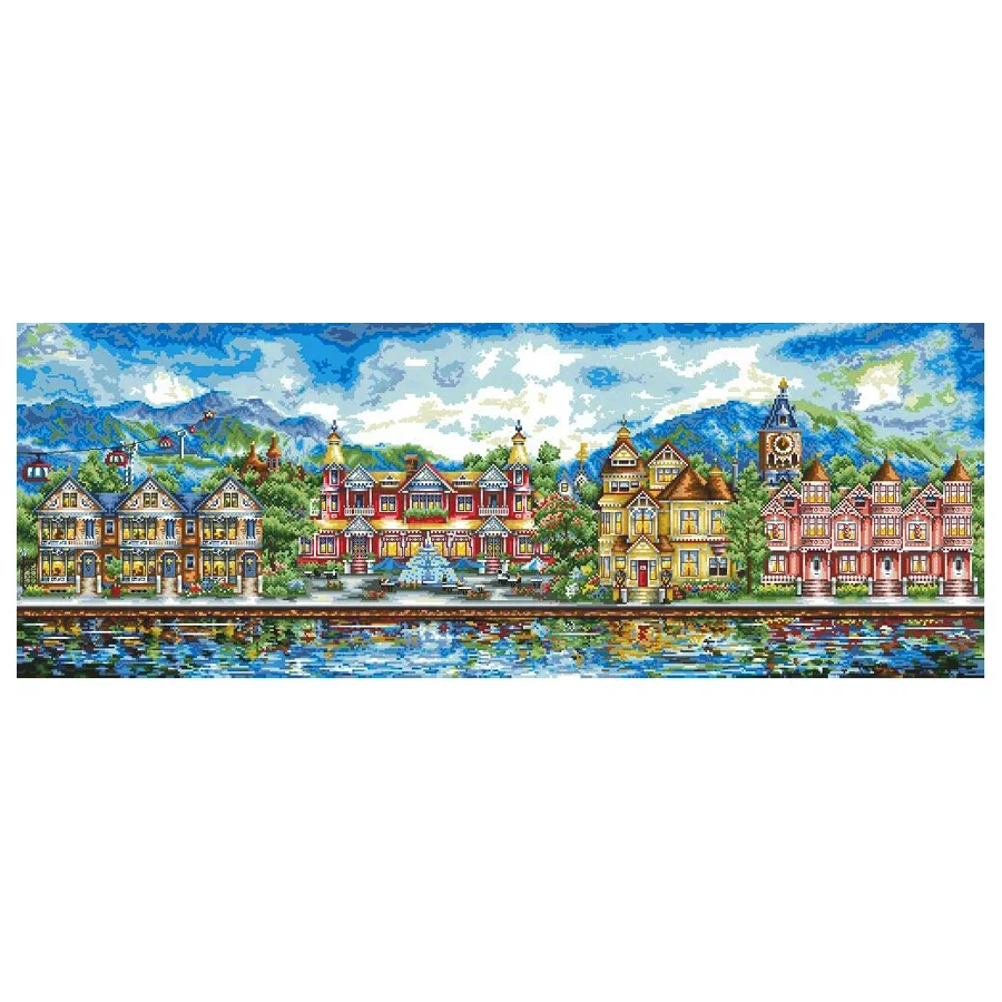 Popular Counted Cross Stitch Kit, European Towns, Green Village, Country Countryside House, Home By River, Top Quality