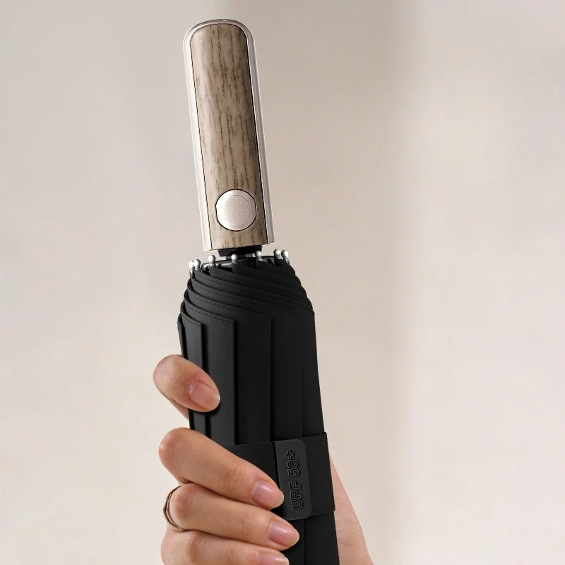 Double Bones Fully Automatic Umbrella for Men's Large Foldable Black High-end Business Wooden Handle Umbrella ﻿