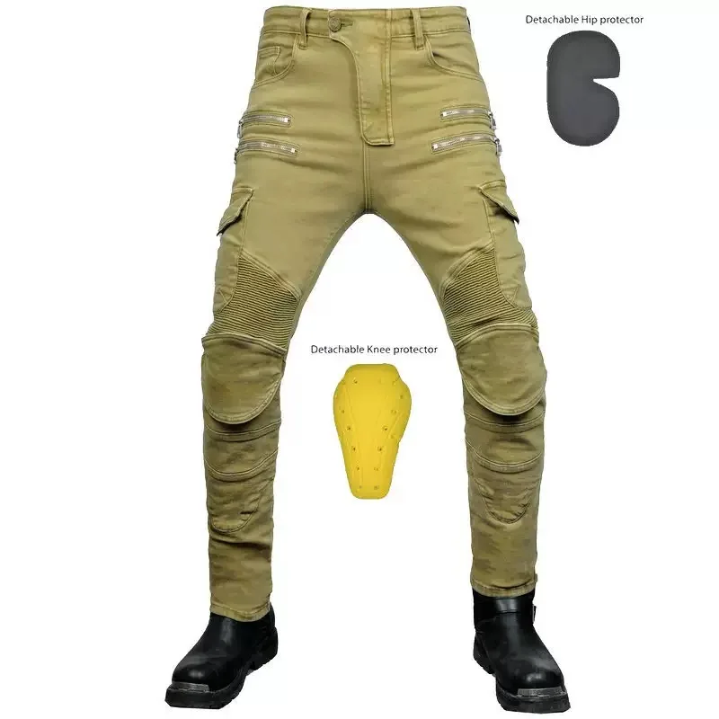 2026 Hot selling motorcycle jeans men's motorcycle workwear multi bag cycling pants zipper casual straight leg pants knee pads