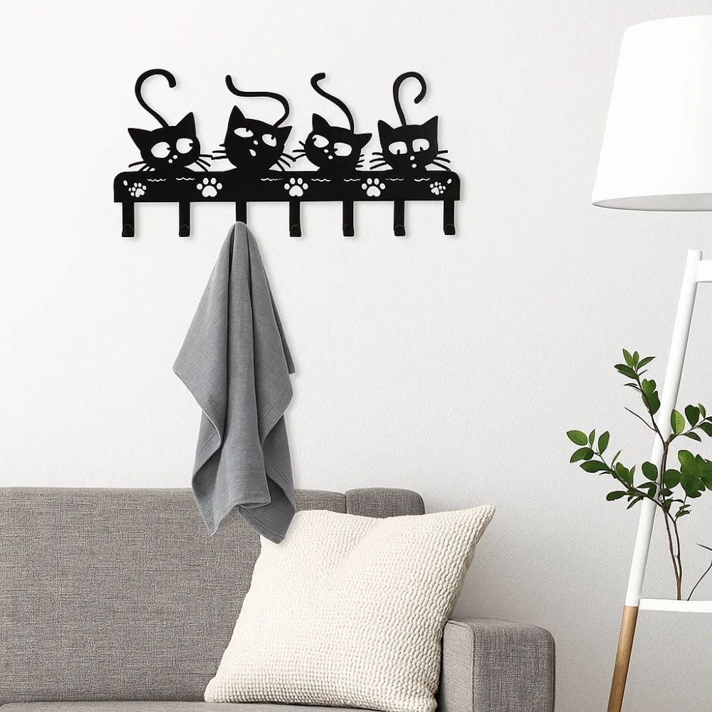 

Stylish Nordic Black Cat Wall Hook Black Cat-Shaped Cat Wall Hat Hanger 7 Hooks Waterproof Clothes Storage Rack Entryway