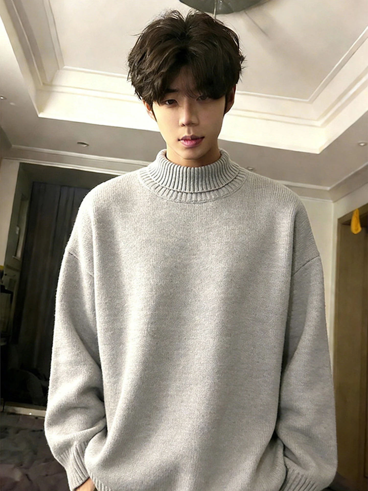 

Мужской трикотаж с высоким воротником, на флисовой подкладке, мягкий, теплый, зимний, повседневный, приталенный, удлиненный, утолщенный базовый слой