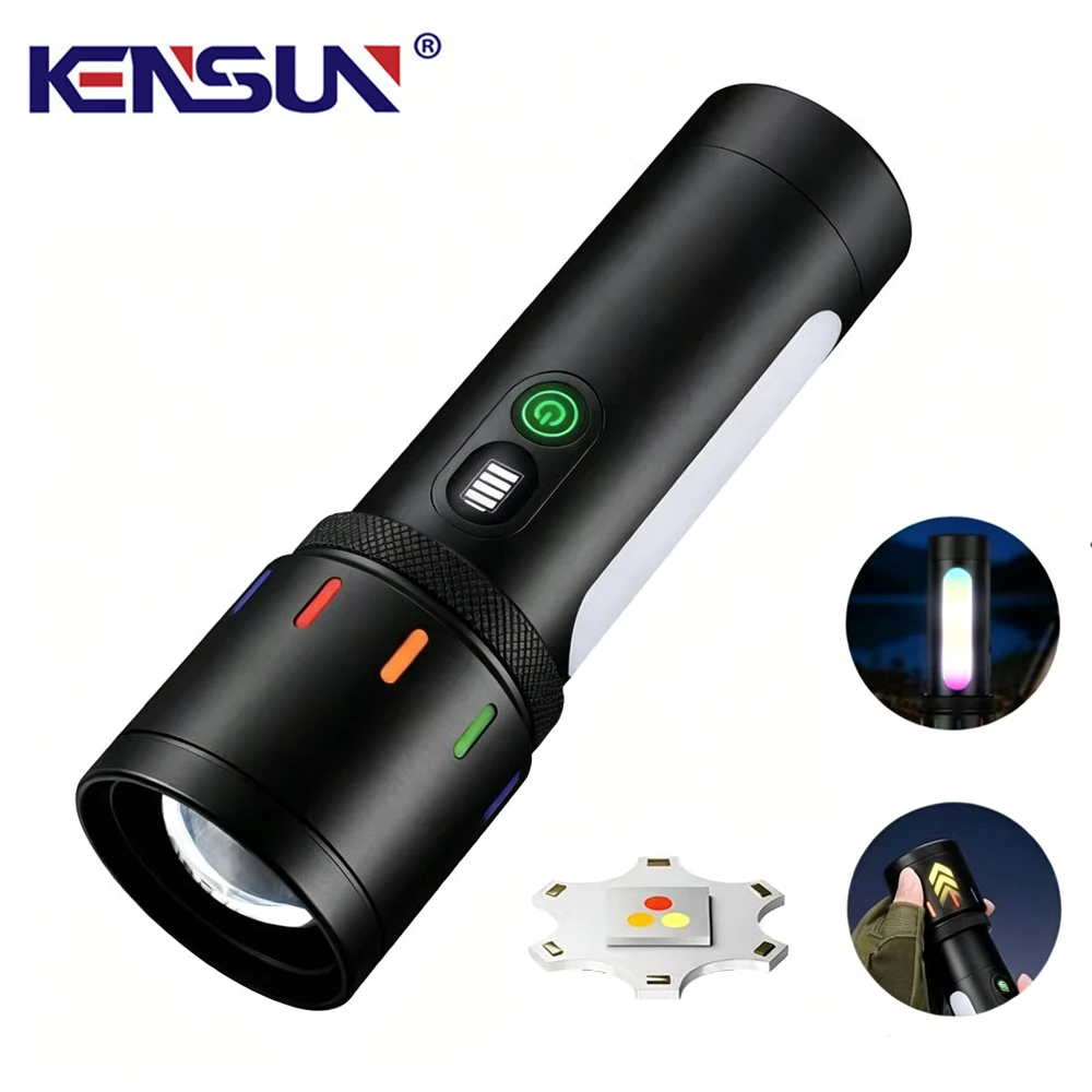 New Multi-Functional Flashlight High Power Long Range LED Torch Zoomable With Red Yellow Blue Three Colors And RGB Side Light