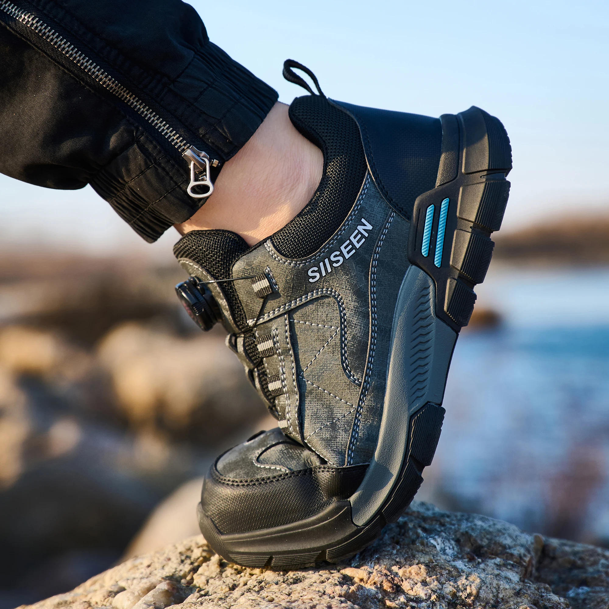 أحذية السلامة الصناعية للرجال الصلب تو المضادة للثقب كيفلر المألوف زر التفاصيل المضادة للانزلاق وحيد أحذية العمل الراحة