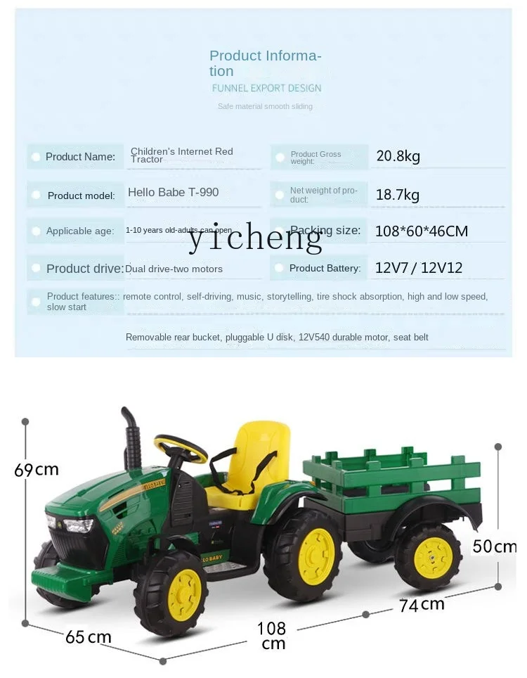 Coche de juguete eléctrico con cubo para niño y bebé, Tractor XL, Control remoto, doble, de gran tamaño