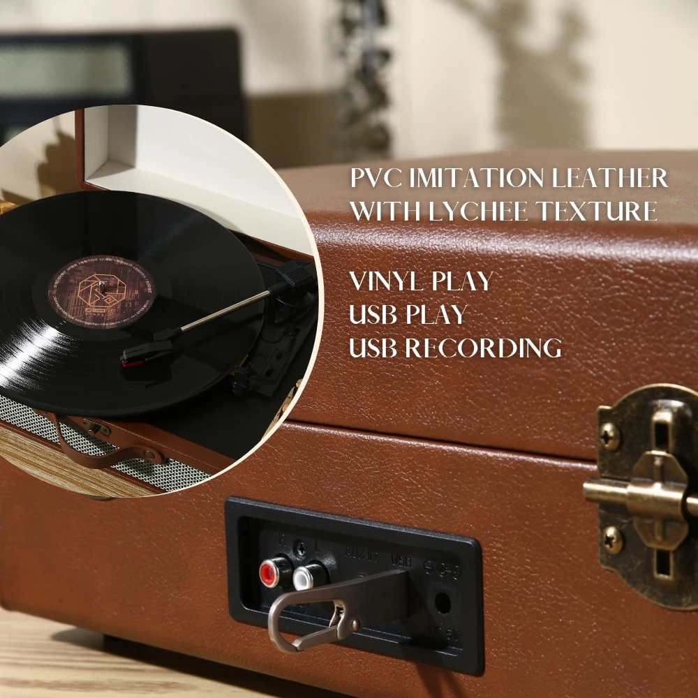 S350 Record Player Portable Suitcase Audio, 3-Speed Vinyl Spinner with Stereo Speakers, USB, AUX, RCA-Out & Record Size Convert