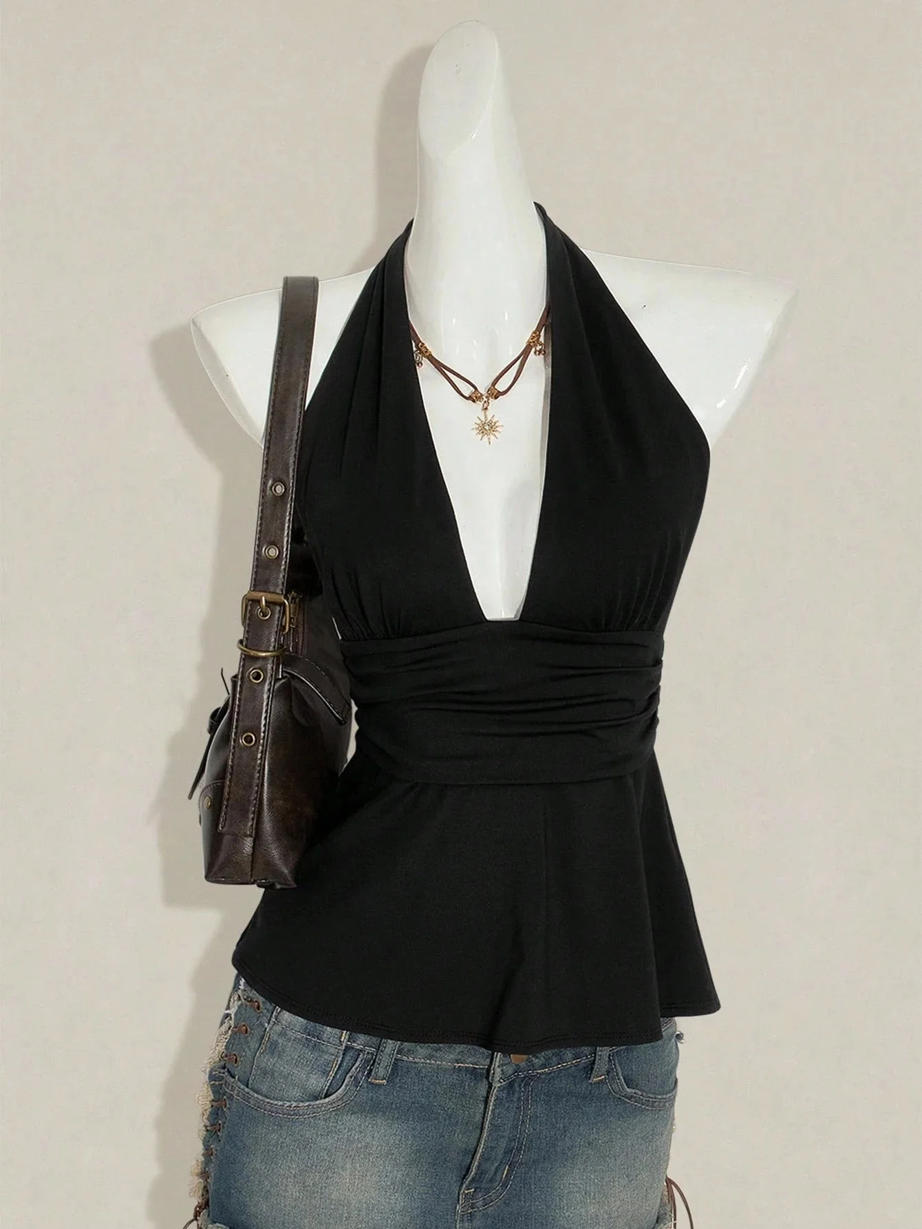 Halter Neck Tie Back Peplum Top Deep V Neck Ruched Waist Sleeveless Open Back Streetwear Party Clubwear For Women