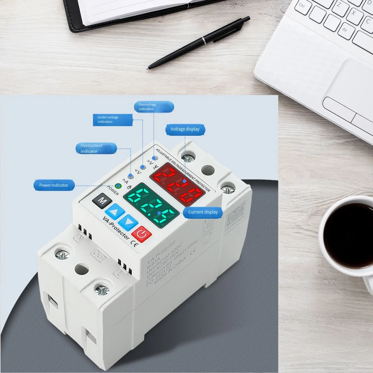

1Pc AC 220V Adjustable V/A Protector Dual Display Adjustable Over Voltage Current Under Voltage Protector 40/63A