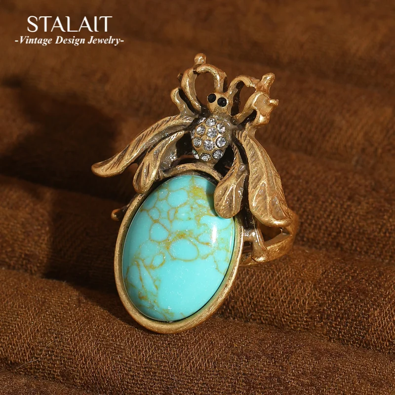

Vintage Turquoise Rings Bee Antique Gold Color Moth Luxury High Quality Blue Natural Stone Jewelry Trends 2025 For Woman New