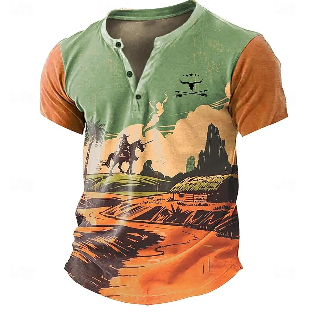 Vintage T-Shirts For Men Western Cowboy Graphic Print Short Sleeve Tee Summer Street Henley Shirt Oversized Men's Clothing Tops