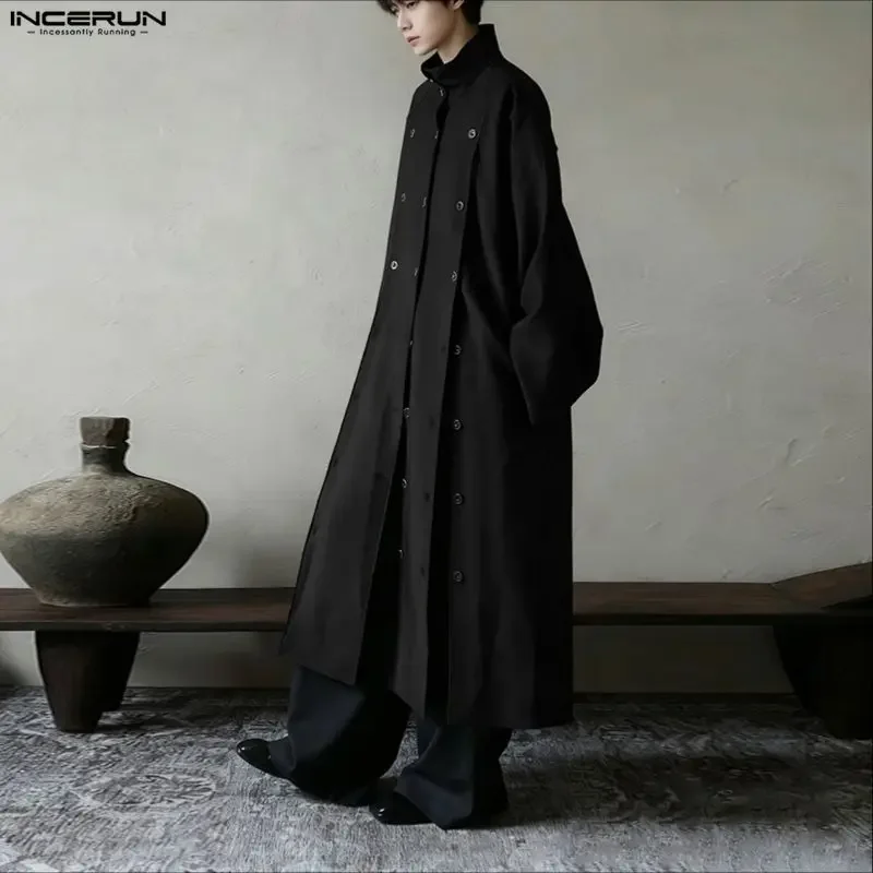 

INCERUN Men Long Style Shirt Solid Stand Collar Long Sleeve Male Tops Camisas Streetwear Triple Breasted Fashion Men Clothing